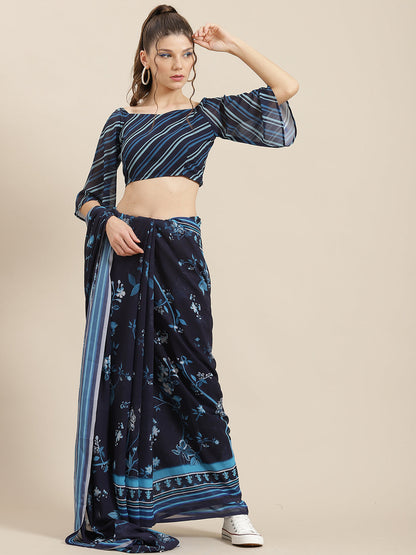 Women's Navy Blue Floral Print Saree With Blouse Piece