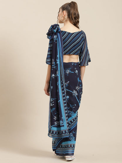 Women's Navy Blue Floral Print Saree With Blouse Piece