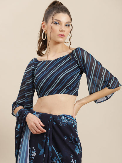 Women's Navy Blue Floral Print Saree With Blouse Piece
