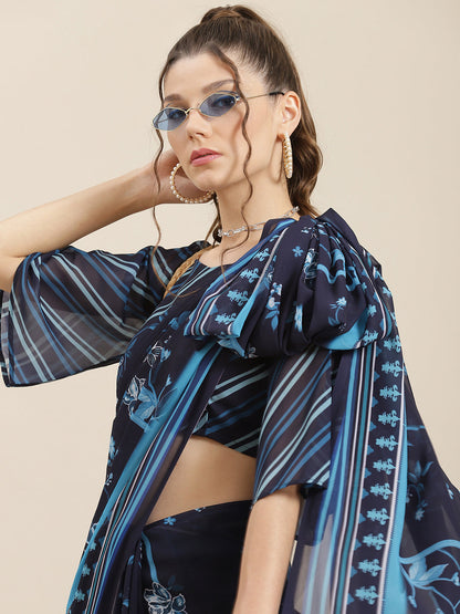 Women's Navy Blue Floral Print Saree With Blouse Piece