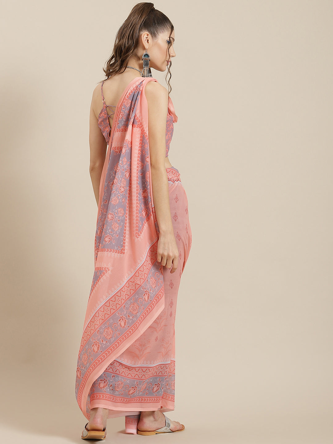 Women's Peach Floral Print Georgette Saree With Blouse Piece