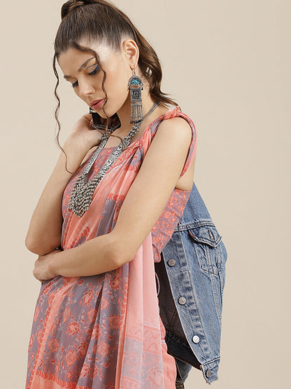 Women's Peach Floral Print Georgette Saree With Blouse Piece