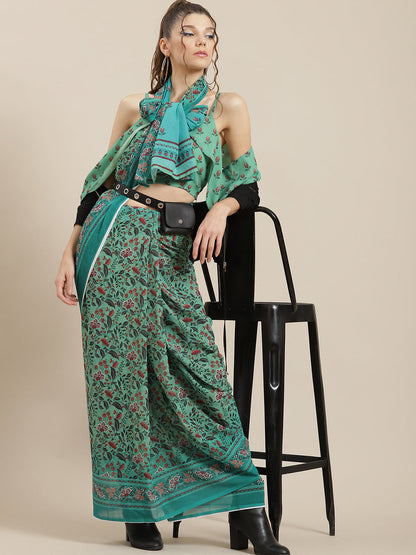 Women's Green Floral Print Saree With Blouse Piece