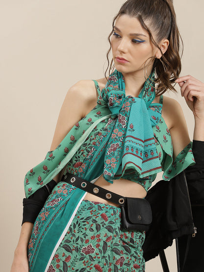 Women's Green Floral Print Saree With Blouse Piece