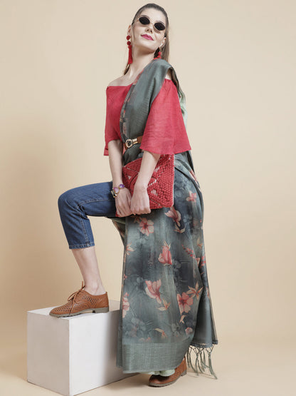 Women's Green Floral Print Saree with Blouse Piece