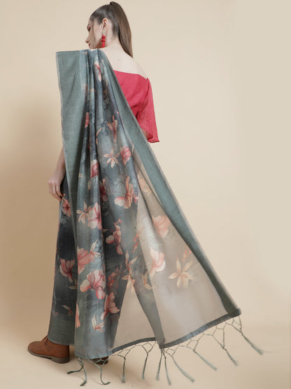 Women's Green Floral Print Saree with Blouse Piece