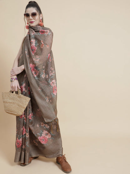 Women's Olive Floral Print Saree With Blouse Piece