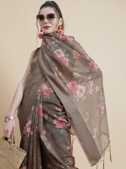Women's Olive Floral Print Saree With Blouse Piece