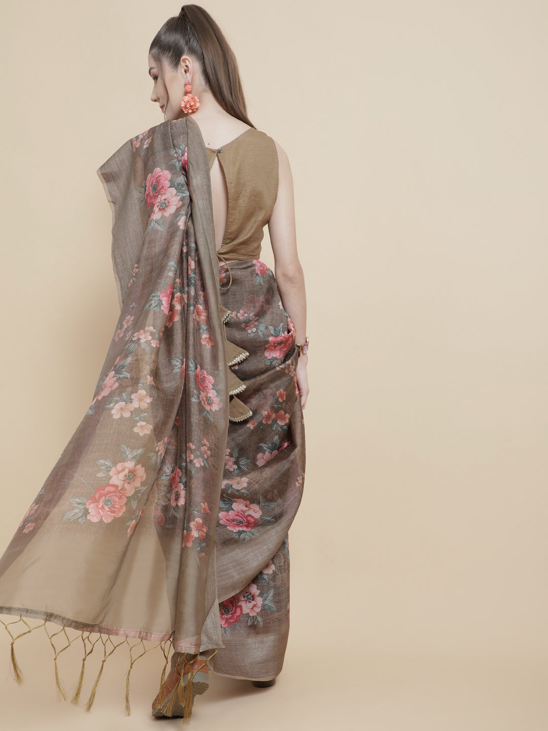 Women's Olive Floral Print Saree With Blouse Piece