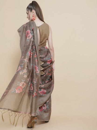 Women's Olive Floral Print Saree With Blouse Piece