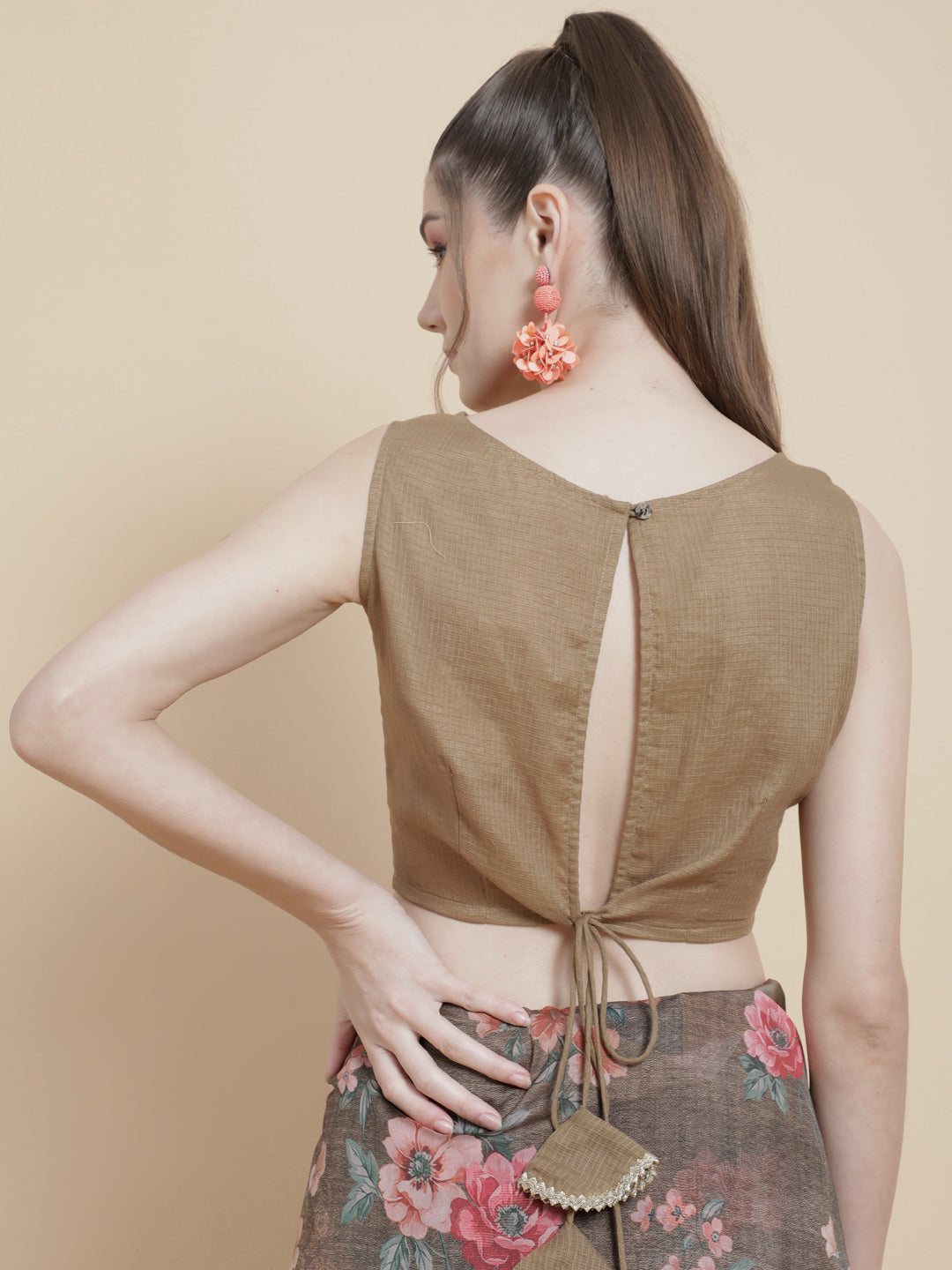 Women's Olive Floral Print Saree With Blouse Piece
