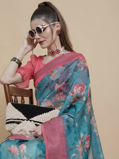 Women's Blue Floral Print Saree With Blouse Piece