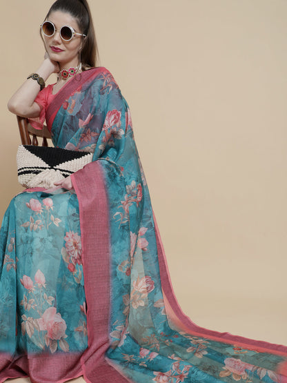 Women's Blue Floral Print Saree With Blouse Piece