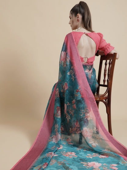 Women's Blue Floral Print Saree With Blouse Piece