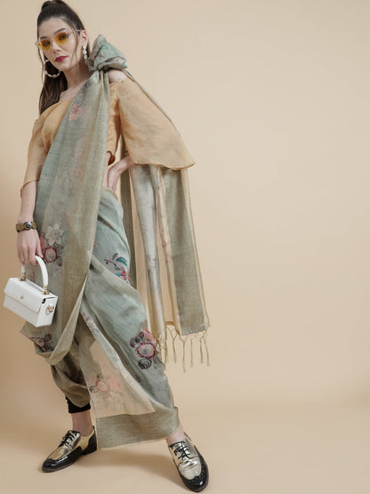Women's Green Floral Print Saree with Blouse Piece
