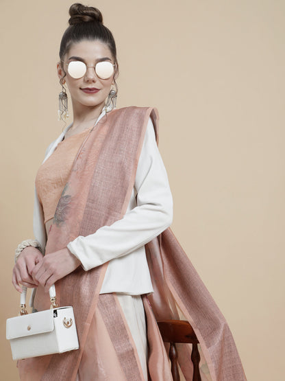 Women's Rose Gold Floral Print Saree With Blouse Piece