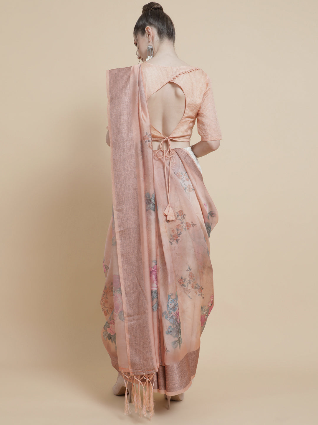 Women's Rose Gold Floral Print Saree With Blouse Piece