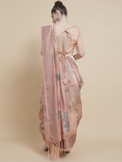 Women's Rose Gold Floral Print Saree With Blouse Piece