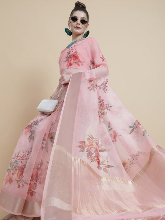 Women's Pink Floral Print Saree With Blouse Piece