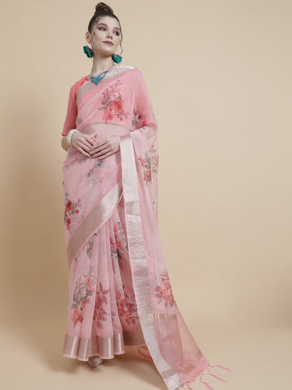 Women's Pink Floral Print Saree With Blouse Piece