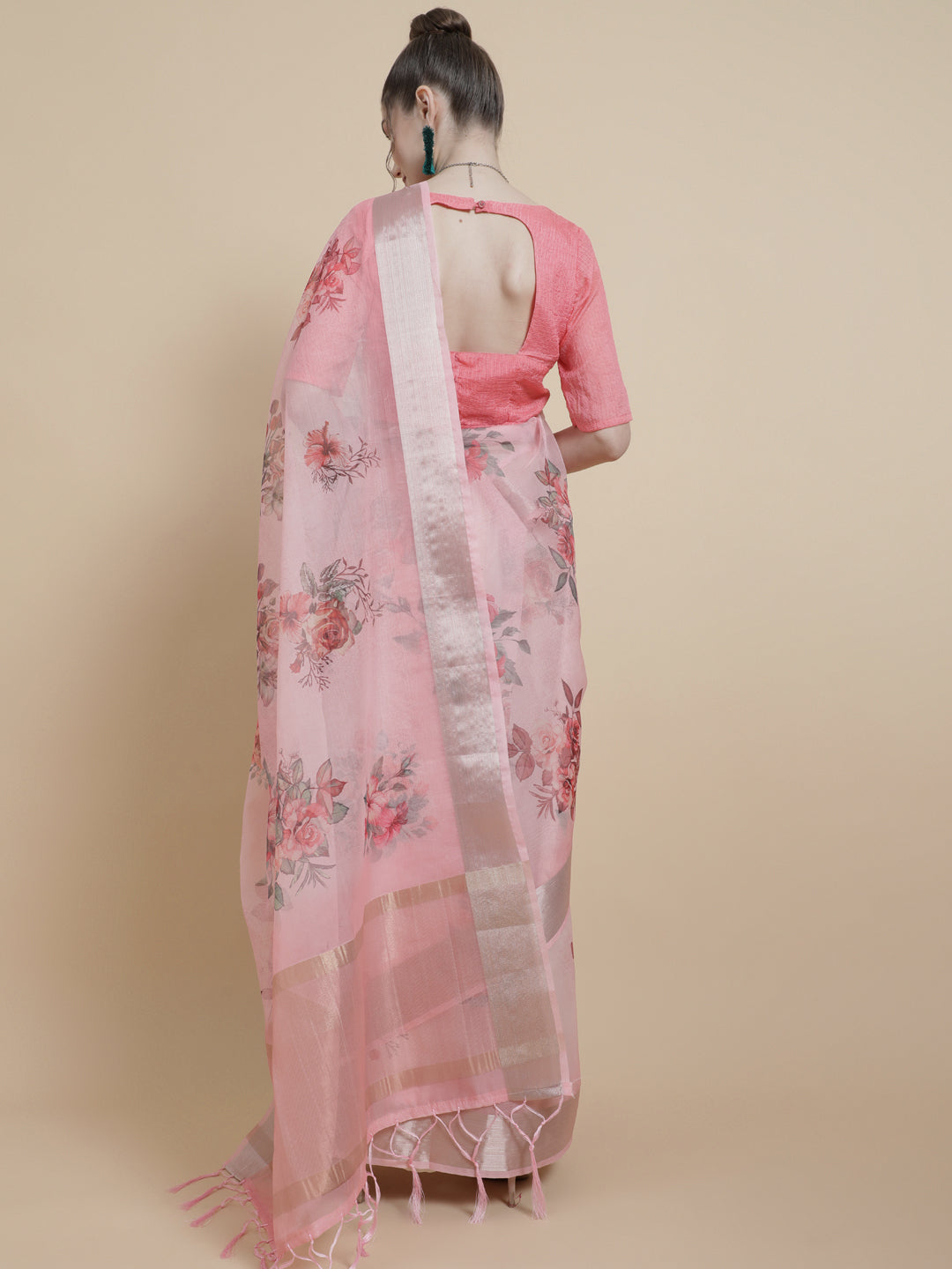 Women's Pink Floral Print Saree With Blouse Piece