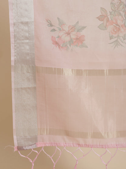Women's Pink Floral Print Saree With Blouse Piece