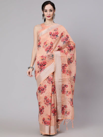 Women's Peach Floral Print Saree With Blouse Piece