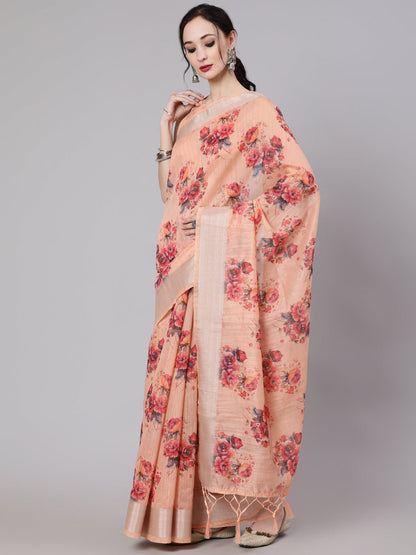 Women's Peach Floral Print Saree With Blouse Piece