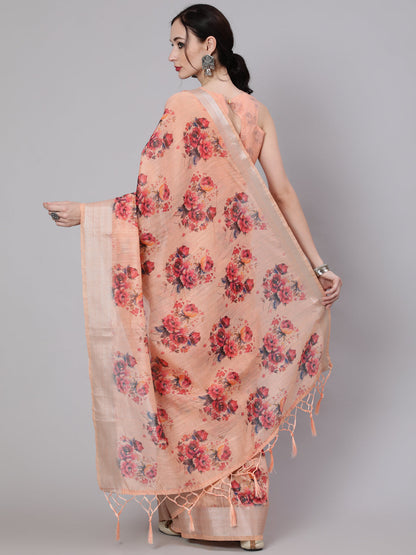 Women's Peach Floral Print Saree With Blouse Piece
