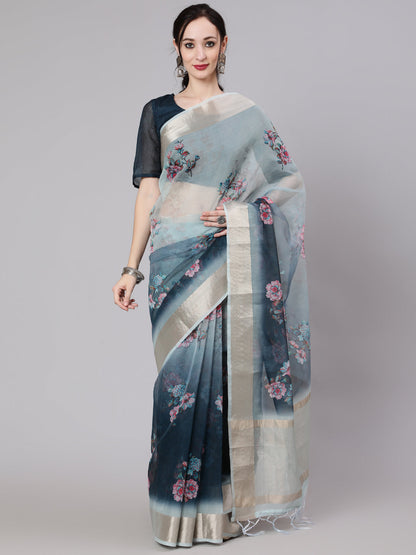 Women's Blue Floral Print Saree With Blouse Piece