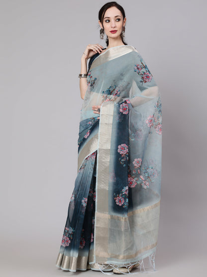 Women's Blue Floral Print Saree With Blouse Piece