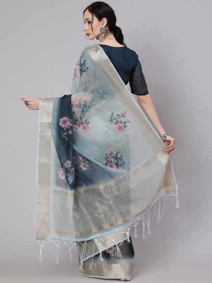 Women's Blue Floral Print Saree With Blouse Piece