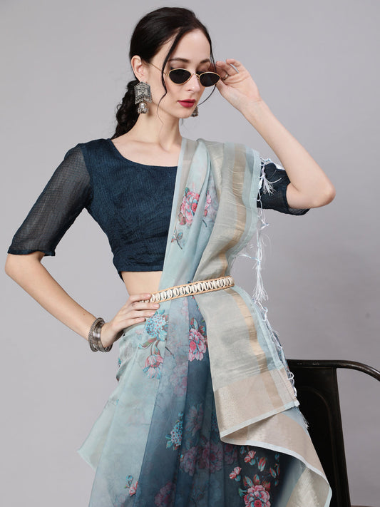 Women's Blue Floral Print Saree With Blouse Piece