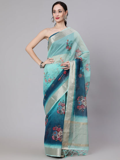 Women's Teal Blue Floral Print Saree With Blouse Piece