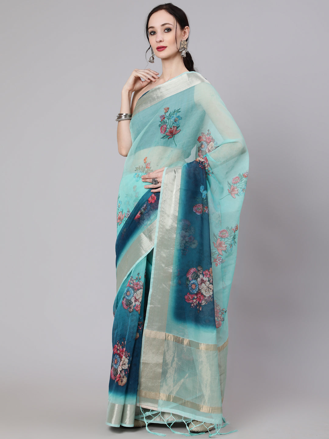 Women's Teal Blue Floral Print Saree With Blouse Piece