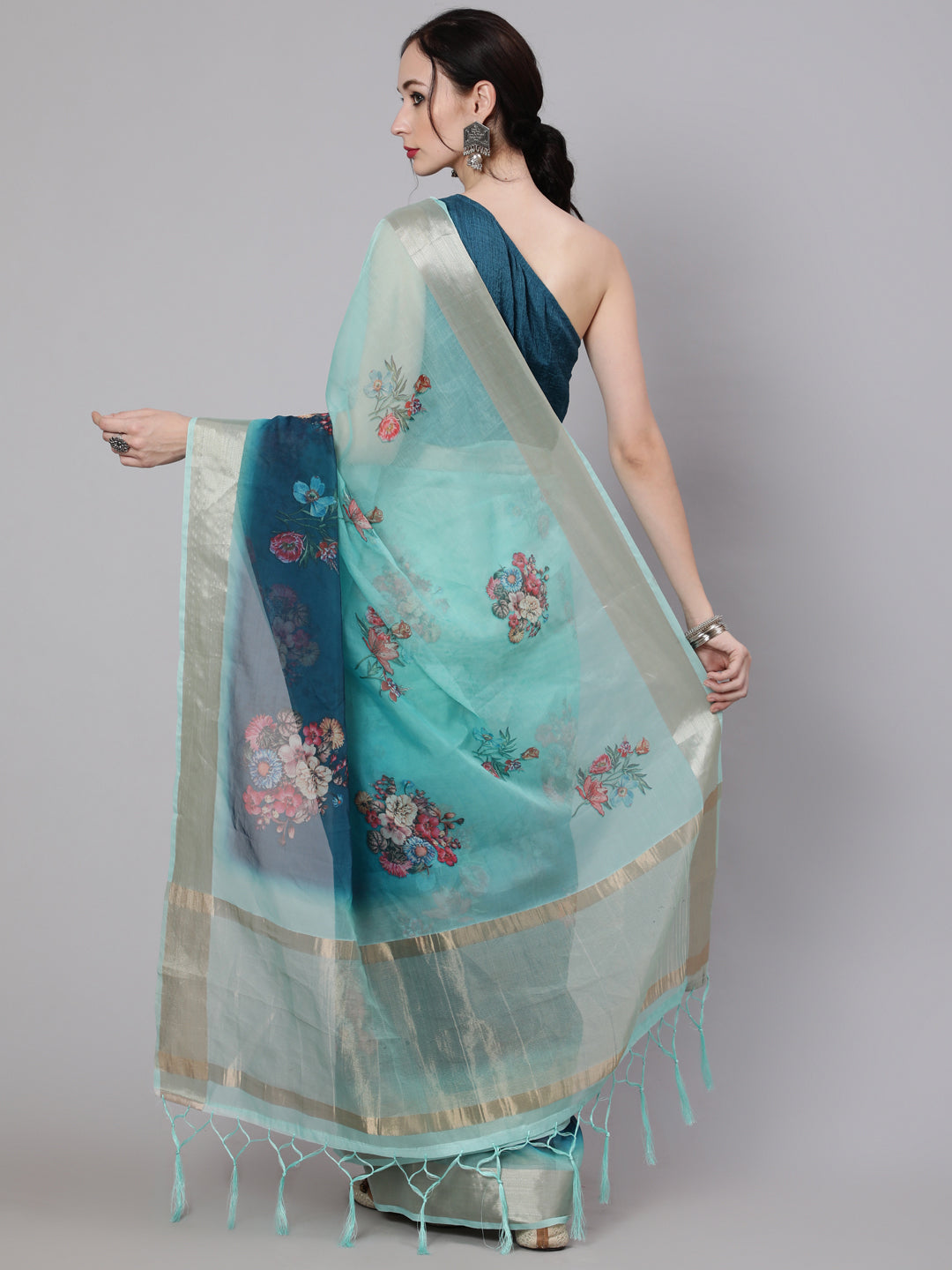 Women's Teal Blue Floral Print Saree With Blouse Piece