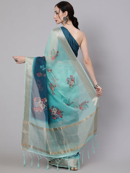 Women's Teal Blue Floral Print Saree With Blouse Piece