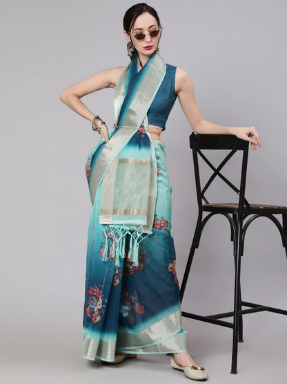 Women's Teal Blue Floral Print Saree With Blouse Piece