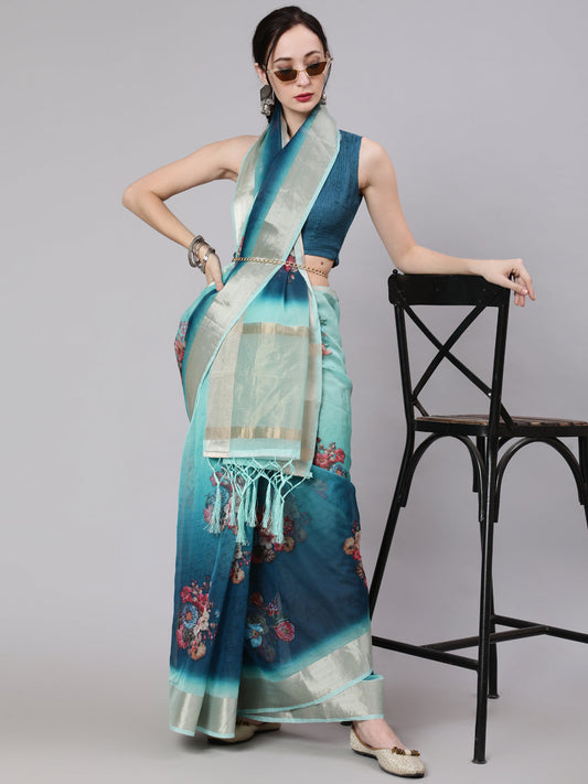 Women's Teal Blue Floral Print Saree With Blouse Piece