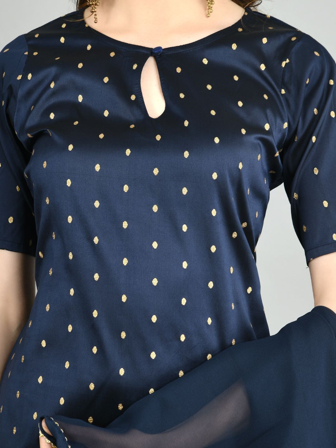 Women's Navy Blue Polyester Printed Half Sleeve Round Neck Casual Kurta Pant Dupatta Set