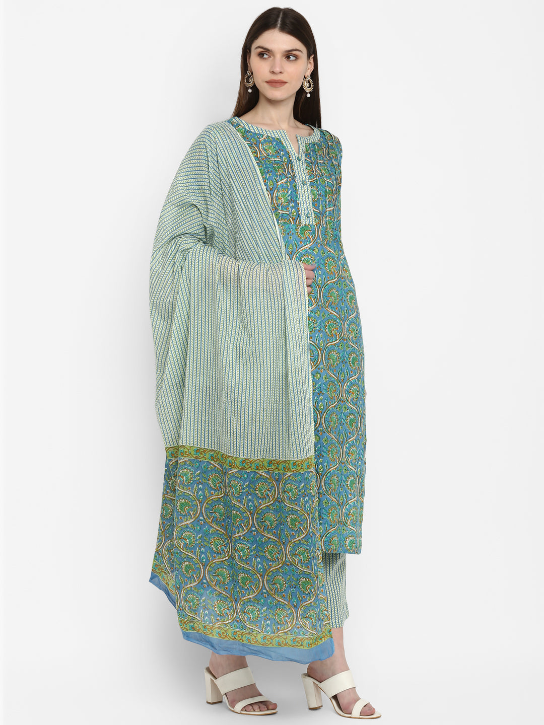 Women's Sky Blue Cotton Kurta With Palazzo & Dupatta By Vbuyz (3