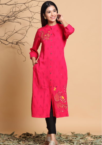 Rayon Slub Ikat Print A-Line Kurta With Mask