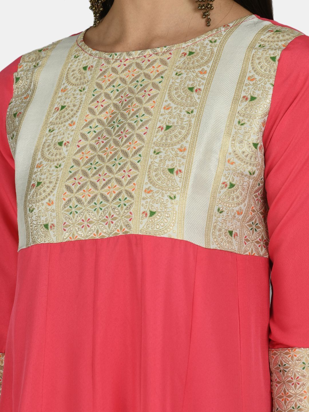Women's Pink Rayon Printed 3/4 Sleeve Round Neck Casual Anarkali Dupatta Set