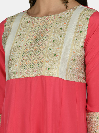 Women's Pink Rayon Printed 3/4 Sleeve Round Neck Casual Anarkali Dupatta Set