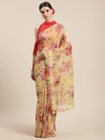 Women's Yellow Chiffon Digital Print Floral Saree