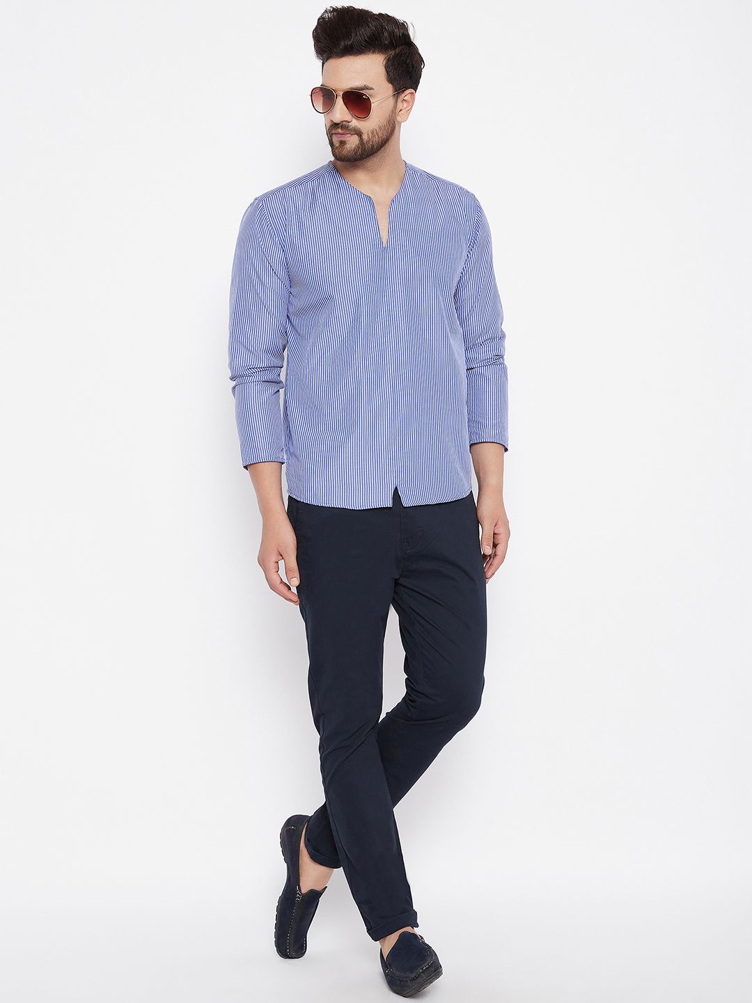 Men's  Blue Solid Cotton Kurta