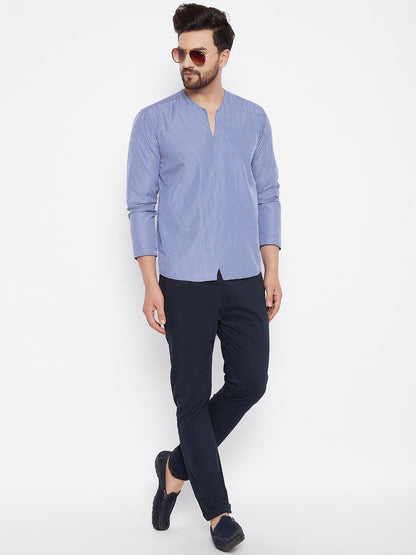 Men's  Blue Solid Cotton Kurta