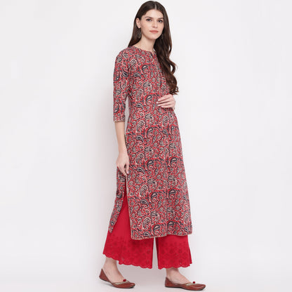 Women's Red Kalamkari Print Cotton Kurta By Vbuyz- (
