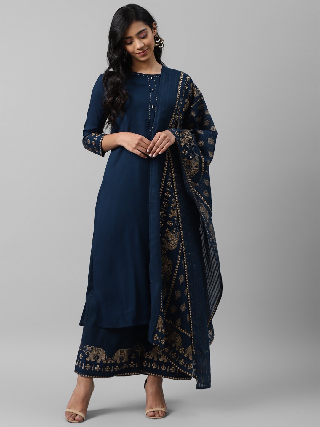 Women's Navy Blue & Golden Solid Kurta Set