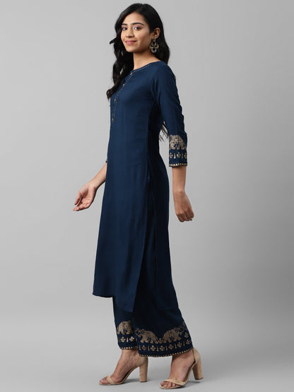 Women's Navy Blue & Golden Solid Kurta Set